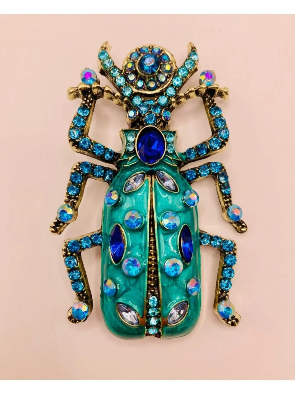 Large Jeweled Beetle Brooch Pin Blue Teal Rhinestones & Enamel -56B